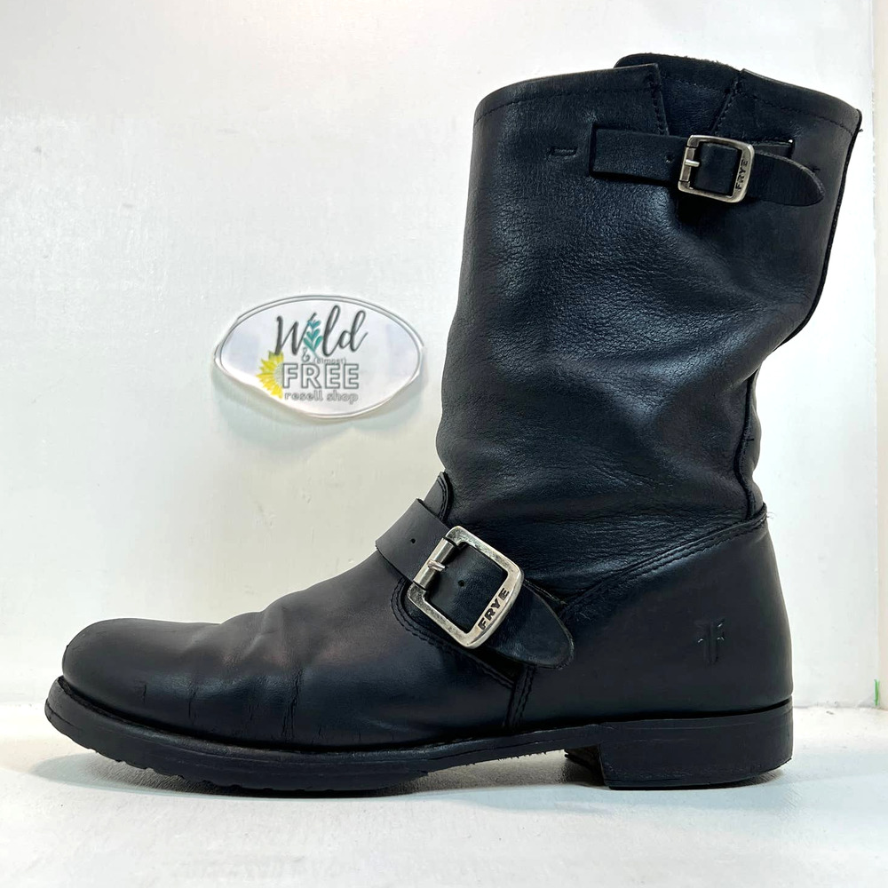 Frye Veronica Moto Boot-Black Leather-Women 8.5-Buckle, Strap-Combat-Mid Calf